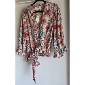 NWT Anthropologie Tugboat Blouse M Floral Long Sleeve Boho Top Shirt Front Tie